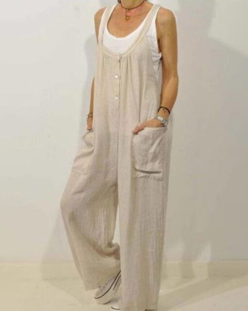 High Waist Wide Leg Overalls Jumpsuits Retro Plain Braces Overall Rompers with Button - Image 4