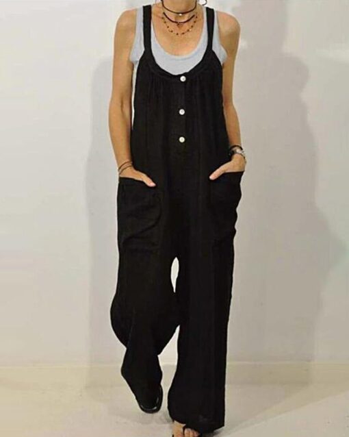 High Waist Wide Leg Overalls Jumpsuits Retro Plain Braces Overall Rompers with Button - Image 5