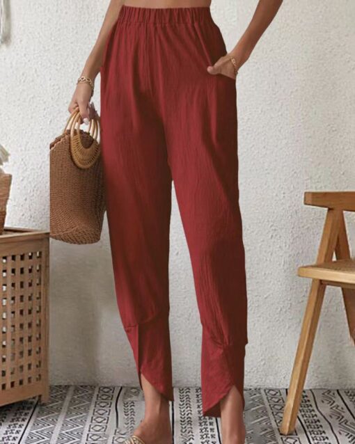 High Waist Wide Leg Palazzo Lounge Prints Pants Smocked Elastic Waist Cotton Pants - Image 3