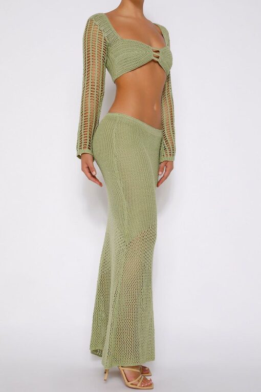 Hollow Out Knit Crop Top Maxi Skirt Two Piece Set - Image 7