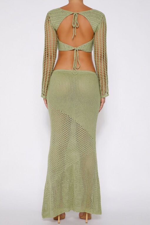 Hollow Out Knit Crop Top Maxi Skirt Two Piece Set - Image 8