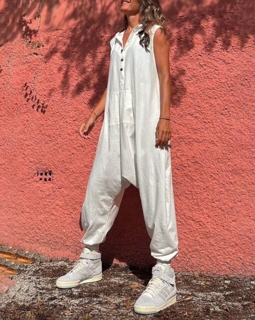 Hooded Button Down Trousers Baggy Trousers Jumpsuit Overalls - Image 2