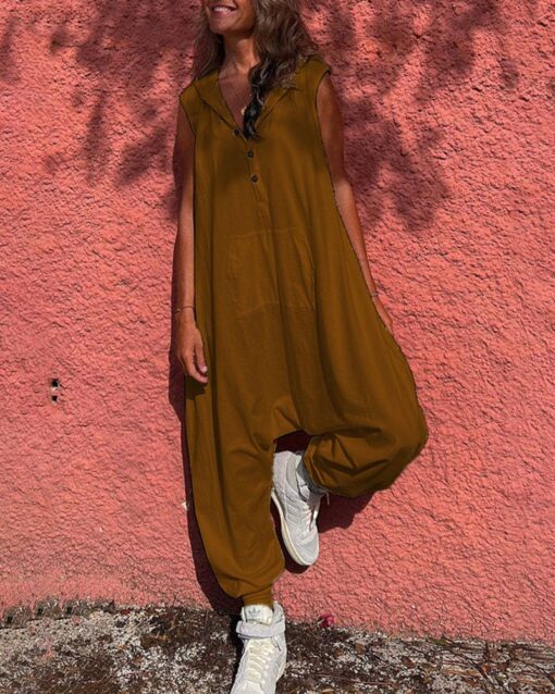 Hooded Button Down Trousers Baggy Trousers Jumpsuit Overalls - Image 7