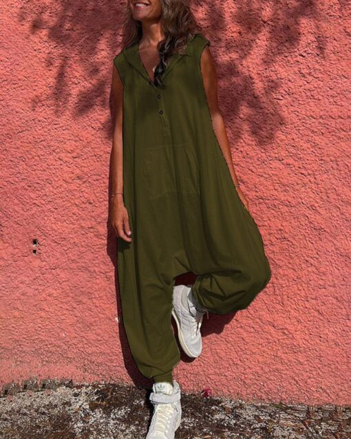 Hooded Button Down Trousers Baggy Trousers Jumpsuit Overalls - Image 8