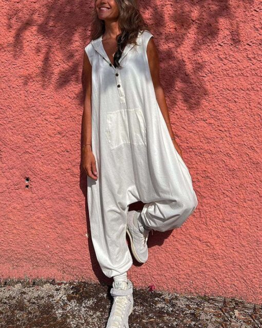 Hooded Button Down Trousers Baggy Trousers Jumpsuit Overalls - Image 9