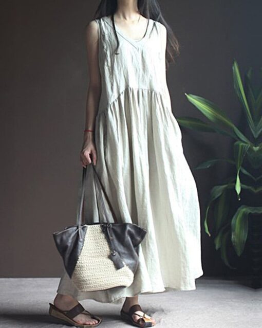 Irregular Stitching V Neck Sleeveless Dresses Large Swing Dress with Pocket - Image 3