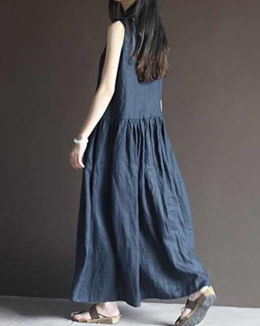 Irregular Stitching V Neck Sleeveless Dresses Large Swing Dress with Pocket - Image 2