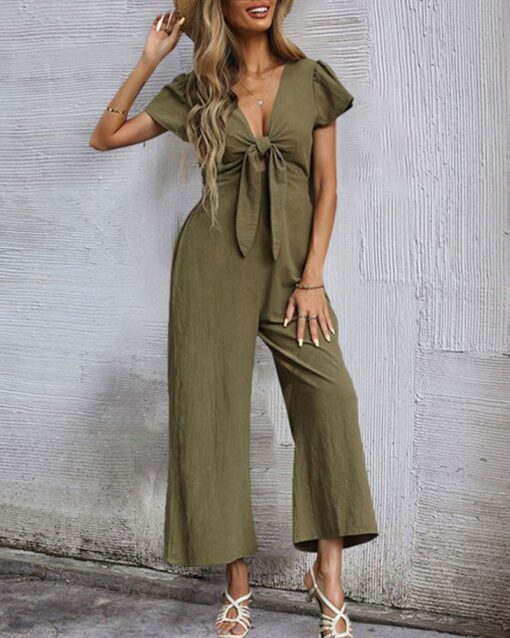 Jumpsuit Wide Leg Casual Short Sleeve Solid Color Bowknot V Neck Jumpsuit