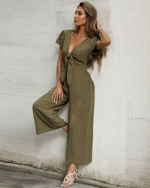 Jumpsuit Wide Leg Casual Short Sleeve Solid Color Bowknot V Neck Jumpsuit - Image 2