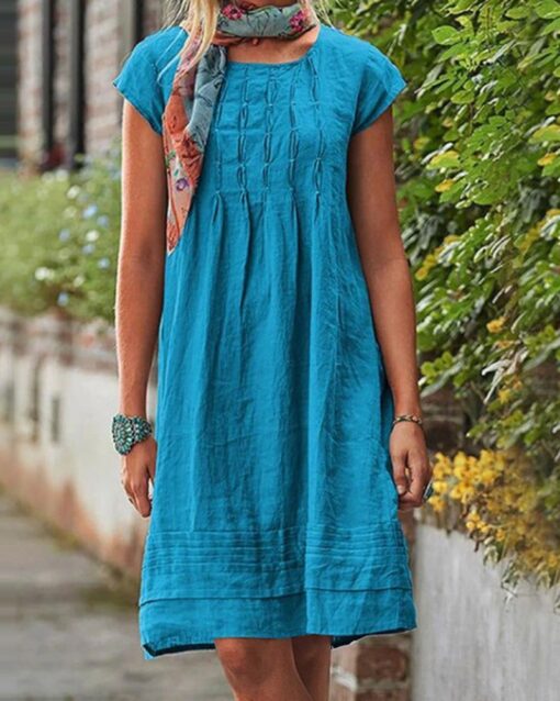 Knee Length Plain Crewneck Tunic Dress Ruched Short Sleeve Loose Pleated Sundress - Image 14