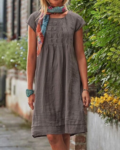 Knee Length Plain Crewneck Tunic Dress Ruched Short Sleeve Loose Pleated Sundress - Image 8