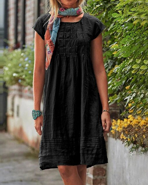 Knee Length Plain Crewneck Tunic Dress Ruched Short Sleeve Loose Pleated Sundress - Image 9