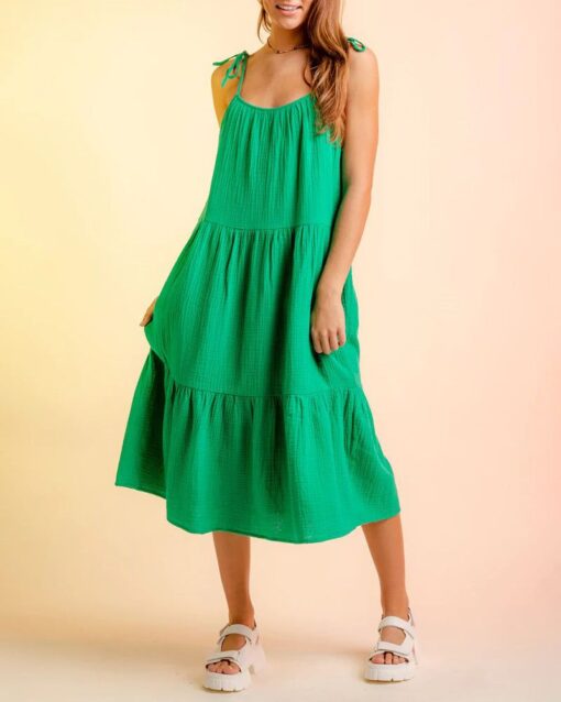 Lace-up Sling Dress Candy Color Stitching Solid Color Midi Dress