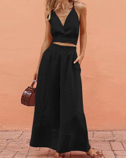 Lace-up Backless Crop Tops Pockets Wide Leg Trouser V-Neck Tank Cami Long Pants - Image 9