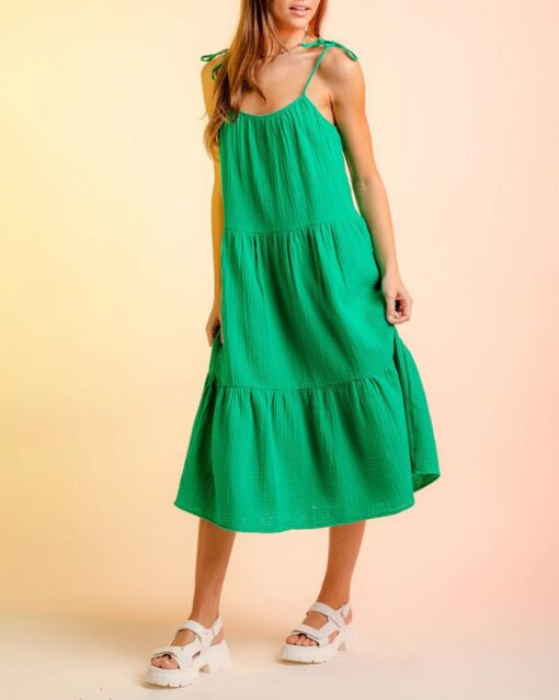 Lace-up Sling Dress Candy Color Stitching Solid Color Midi Dress - Image 4