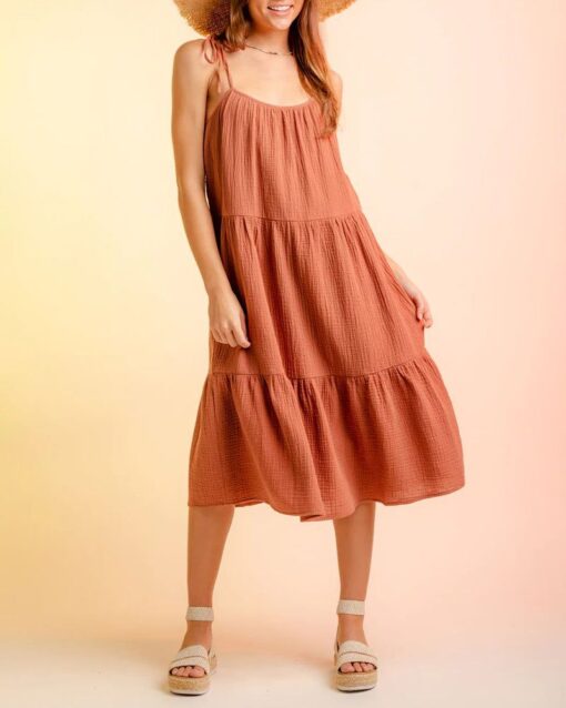 Lace-up Sling Dress Candy Color Stitching Solid Color Midi Dress - Image 13