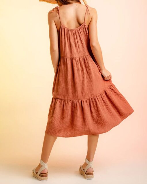 Lace-up Sling Dress Candy Color Stitching Solid Color Midi Dress - Image 14