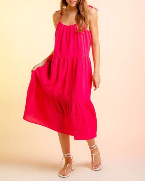 Lace-up Sling Dress Candy Color Stitching Solid Color Midi Dress - Image 10