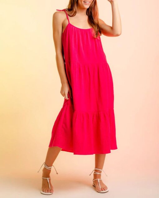 Lace-up Sling Dress Candy Color Stitching Solid Color Midi Dress - Image 9