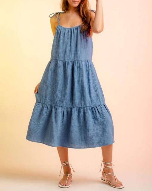 Lace-up Sling Dress Candy Color Stitching Solid Color Midi Dress - Image 31