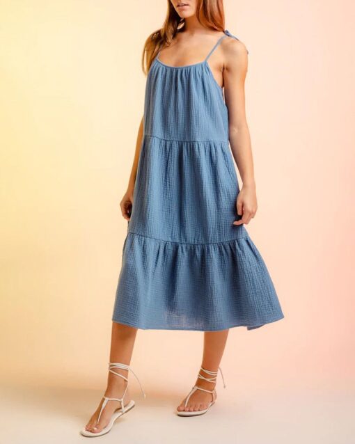 Lace-up Sling Dress Candy Color Stitching Solid Color Midi Dress - Image 33