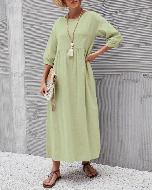 Lantern Sleeve Long Dress Solid Color Loose Crew Neck Mid Waist Dresses with Pockets - Image 10