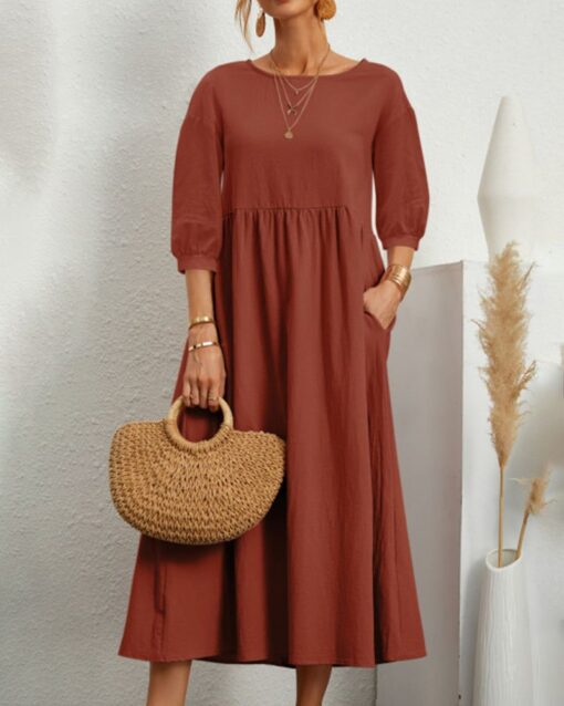 Lantern Sleeve Long Dress Solid Color Loose Crew Neck Mid Waist Dresses with Pockets - Image 5