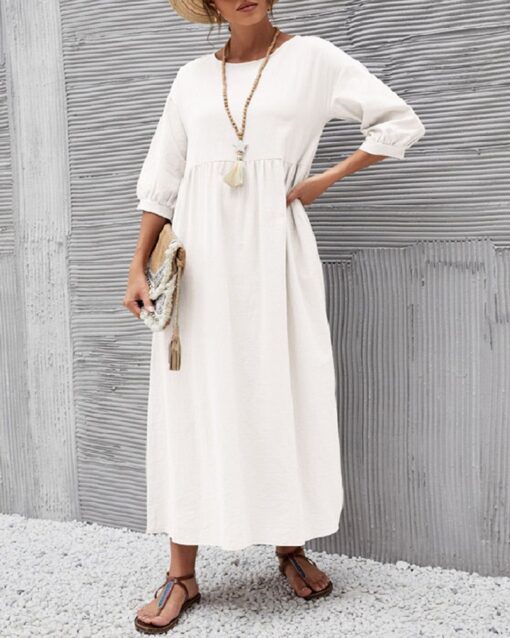 Lantern Sleeve Long Dress Solid Color Loose Crew Neck Mid Waist Dresses with Pockets - Image 4