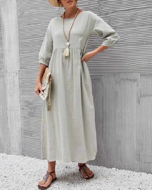 Lantern Sleeve Long Dress Solid Color Loose Crew Neck Mid Waist Dresses with Pockets - Image 8