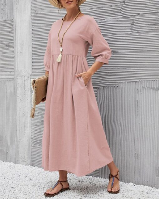 Lantern Sleeve Long Dress Solid Color Loose Crew Neck Mid Waist Dresses with Pockets - Image 2