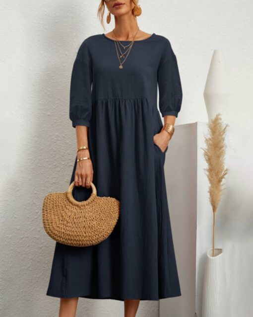 Lantern Sleeve Long Dress Solid Color Loose Crew Neck Mid Waist Dresses with Pockets - Image 6