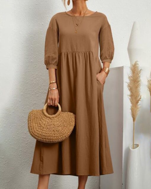 Lantern Sleeve Long Dress Solid Color Loose Crew Neck Mid Waist Dresses with Pockets - Image 22