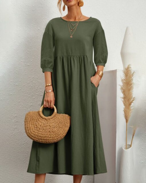 Lantern Sleeve Long Dress Solid Color Loose Crew Neck Mid Waist Dresses with Pockets - Image 11