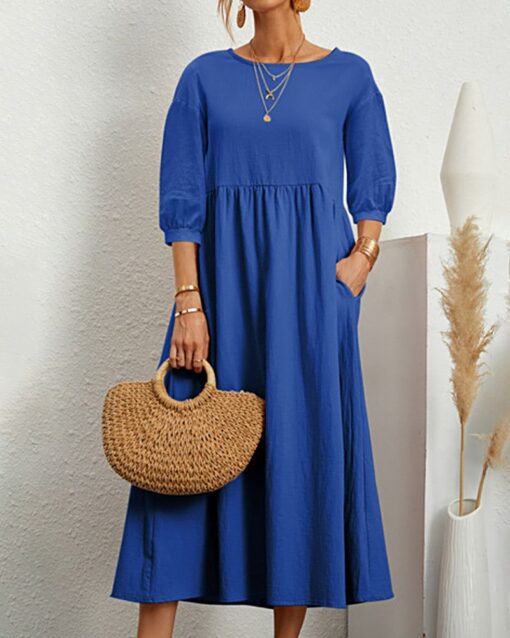 Lantern Sleeve Long Dress Solid Color Loose Crew Neck Mid Waist Dresses with Pockets - Image 23