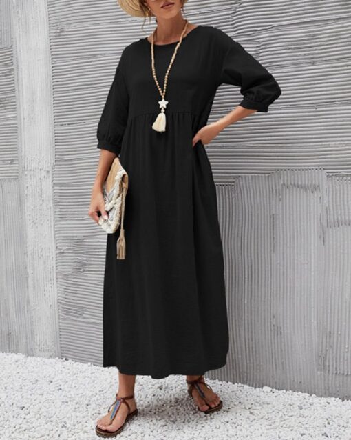 Lantern Sleeve Long Dress Solid Color Loose Crew Neck Mid Waist Dresses with Pockets - Image 14