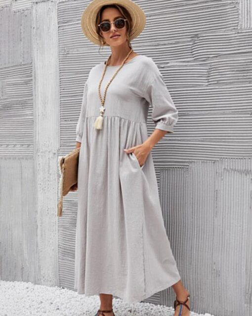 Lantern Sleeve Long Dress Solid Color Loose Crew Neck Mid Waist Dresses with Pockets - Image 20