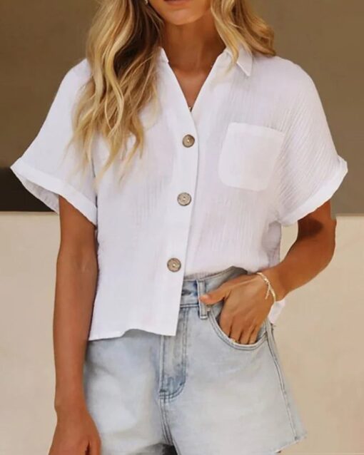 Lapel Short Sleeve Top Shirt Button Pocket Top Shirt Blouse Soft Loose Tee Basic T-Shirt