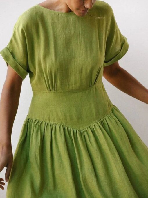 Linen Grass Green Midi Dress - Image 3