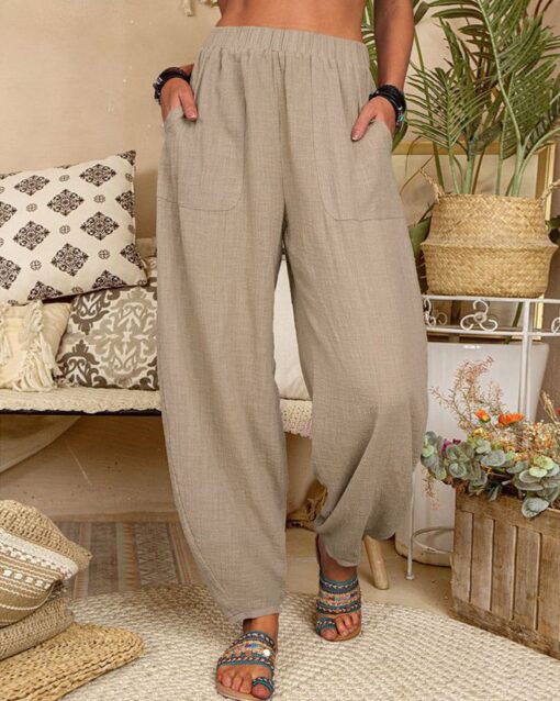 Long Elastic Loose Casual Trousers Harem Pants Pockets Wide Leg Pants - Image 4