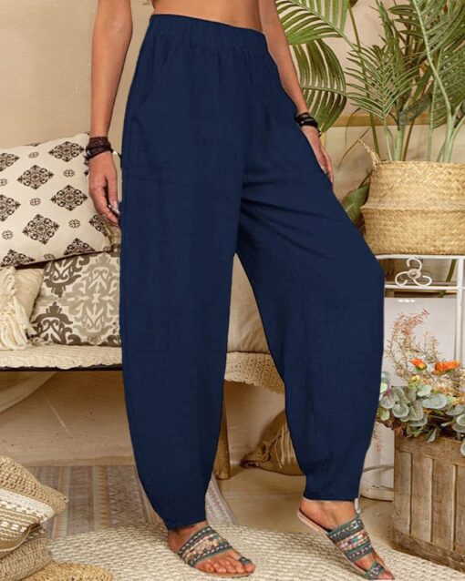 Long Elastic Loose Casual Trousers Harem Pants Pockets Wide Leg Pants - Image 19