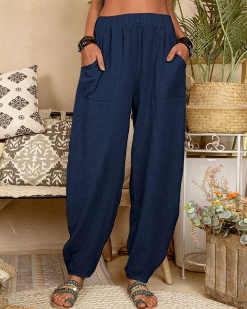 Long Elastic Loose Casual Trousers Harem Pants Pockets Wide Leg Pants - Image 18