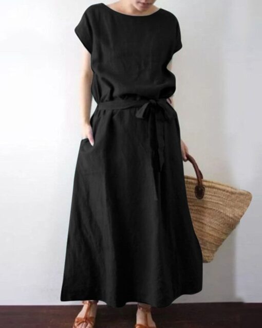 Long Maxi Crew Neck Dress with Belt High Waist with Pockets Conton Dress - Image 4