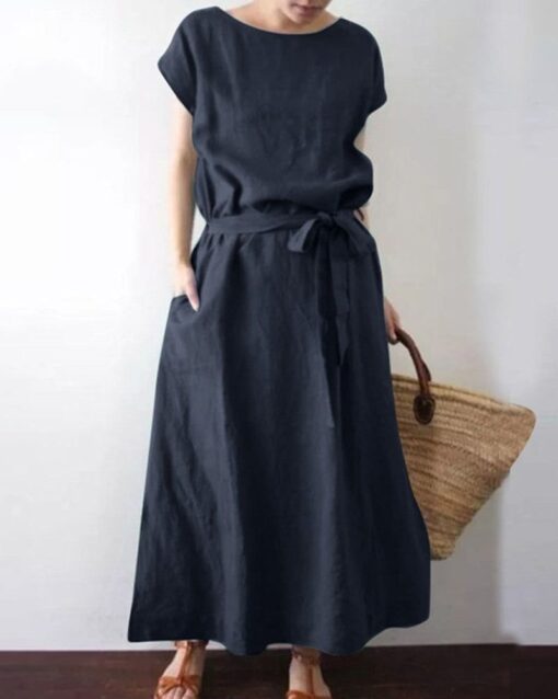 Long Maxi Crew Neck Dress with Belt High Waist with Pockets Conton Dress - Image 3