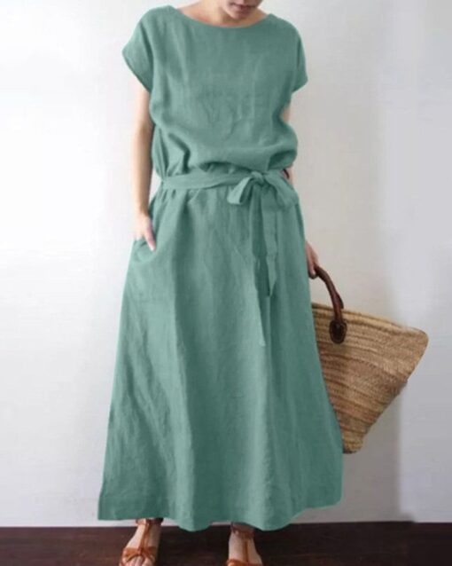 Long Maxi Crew Neck Dress with Belt High Waist with Pockets Conton Dress