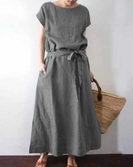 Long Maxi Crew Neck Dress with Belt High Waist with Pockets Conton Dress - Image 2