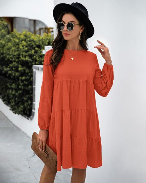 Long Puff Sleeve Shirt Dress Casual Crewneck Loose Fit Sundress Trendy Tiered Layer Summer Mini Dresses