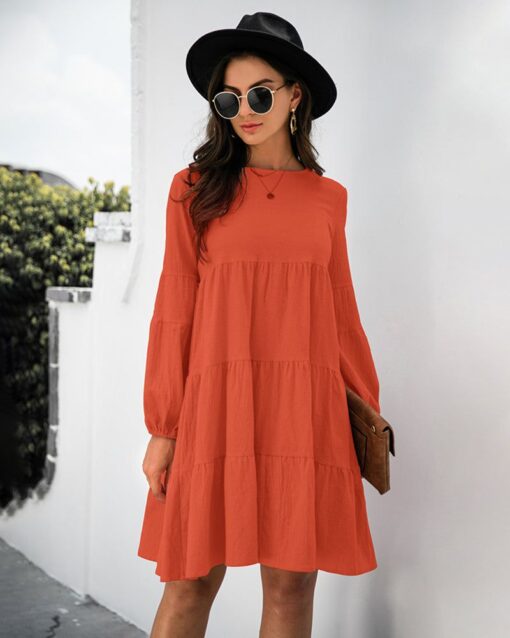 Long Puff Sleeve Shirt Dress Casual Crewneck Loose Fit Sundress Trendy Tiered Layer Summer Mini Dresses - Image 4