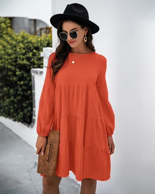 Long Puff Sleeve Shirt Dress Casual Crewneck Loose Fit Sundress Trendy Tiered Layer Summer Mini Dresses - Image 5