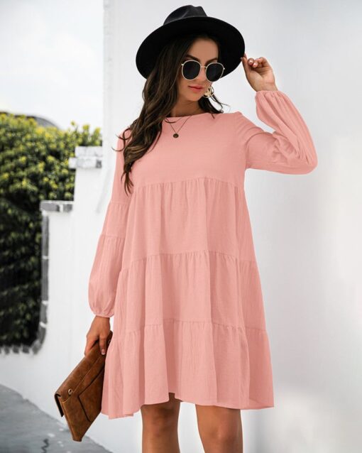 Long Puff Sleeve Shirt Dress Casual Crewneck Loose Fit Sundress Trendy Tiered Layer Summer Mini Dresses - Image 7