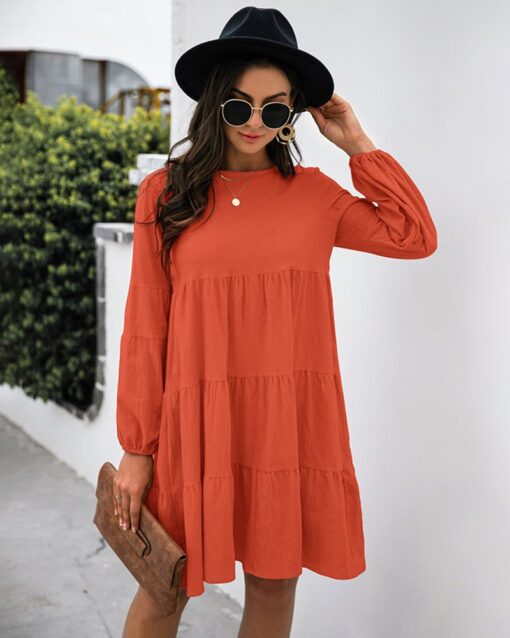 Long Puff Sleeve Shirt Dress Casual Crewneck Loose Fit Sundress Trendy Tiered Layer Summer Mini Dresses - Image 6